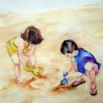 A Day at the Beach 
Size: 11 X 14 
Media: Watercolor 
Price: NFS 
Artists Comments: Have you ever watched children at play? There concentration is complete even with something as simple as sand and water. The imagination soars! 