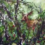 I Spy
Media: Watercolor
Size: 14x11
2 1/2 " dark Wood Frame
Cream Mat w/dark green Liner  
Framed dimensions: 25X21
Comments: We were at the Grand Canyon exploring. We looked into the woods and this Mule deer was just watching us totally unconcerned with our presence. He was a beauty.