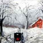 A Visit from Friends
Size:16x20
Medium: Acrylic
Frame: 18x22 Simple Glossy Black
Price: $375.00
Comments: A lovely snowscene in which the contrast between the white of the snow and the black of the Amish buggy is offset by the red of the house and the reflector on the buggy. 
