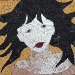 Golden Eyed Lady
Size:x
Medium: Mosaic
Subject: Other
Frame Size: x
Frame Description: white lattice strips finish the edge

Description of Work: This bold piece is an ungrouted tile mosaic, with a mirrored face. 

Price: $675.00
