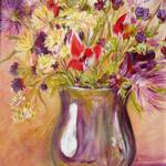 Silver Sensation
Size: 11 x 14
Unframed
Comments: This colorful floral arrangement was a joy to paint. The silver pitcher was perfect for reflecting the colorful hues.