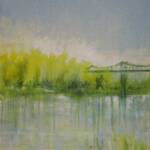 Fluid Beauty II 
The interesting drips and runs of color were used to make this composition of the Missouri River and Blanchette bridge into St. Charles. A limited palette was used to create this serene, dreamlike composition. A gold plein air frame is perfect for this unusual landscape.