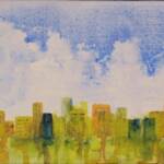 Fluid Beauty Skyline 
Artist Nancy M Young
Size: 6x12
Painted from my imagination using a limited palette of Golden Fluid Acrylics. This great little piece has a beautiful skyline that sets off a cityscape in an usual way. A bright gold frame is perfect for this small piece.