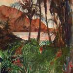 Kauai Sunset
Artist Diana Saffo Bono
Size:21X29
Medium: Watercolor
Frame: 30x38 Dark Brown Wood w/wide blue mat & rust liner 
Price: $1200.00
(Prints Available)
Comments:  We were sitting on a lani waiting for our names to be called for dinner. this view will be forever etched in my memory. Incredib
